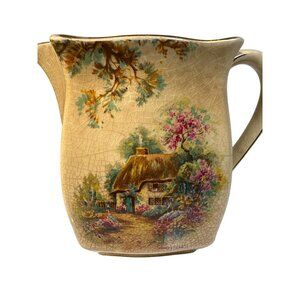 Falcon Ware Pitcher Creamer Vintage English Cottage Scene & Floral Crackle